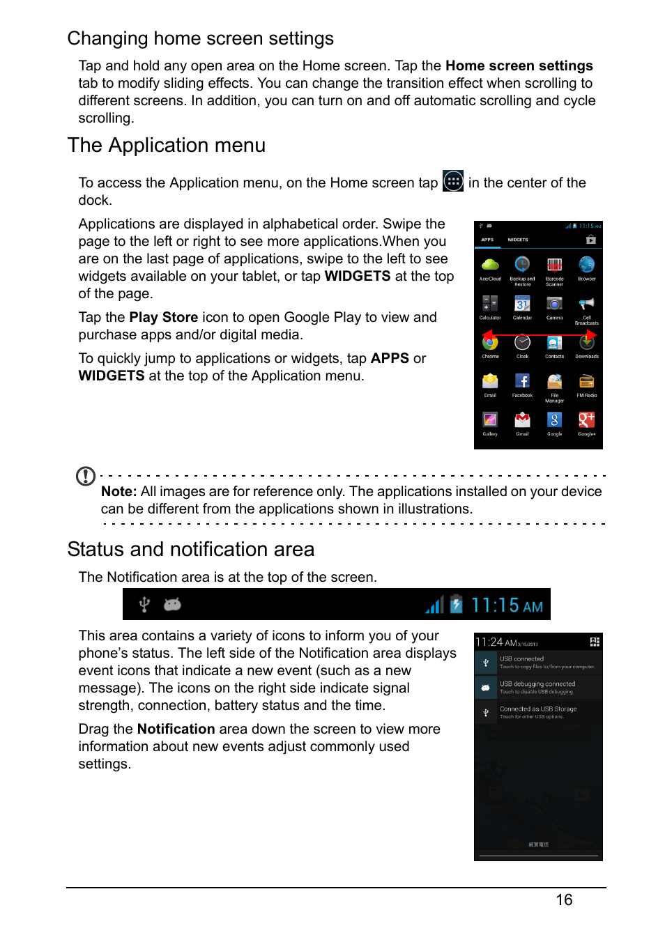 The application menu, Status and notification area, Changing home screen settings | Acer V370 User Manual | Page 16 / 64