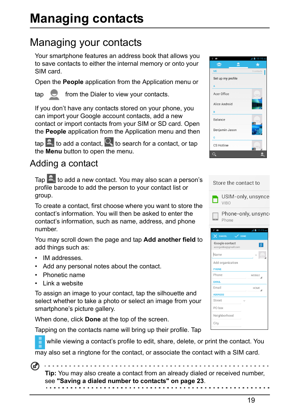 Managing contacts, Managing your contacts, Adding a contact | Acer V370 User Manual | Page 19 / 64