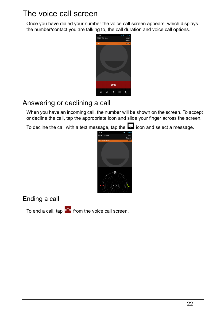 The voice call screen, Answering or declining a call, Ending a call | Acer V370 User Manual | Page 22 / 64