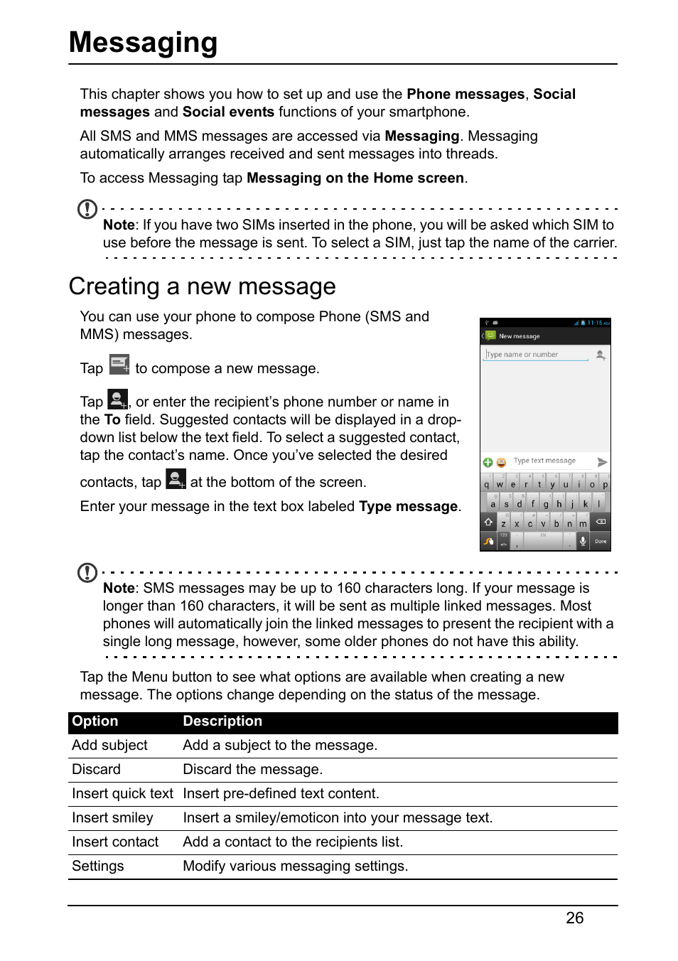 Messaging, Creating a new message | Acer V370 User Manual | Page 26 / 64