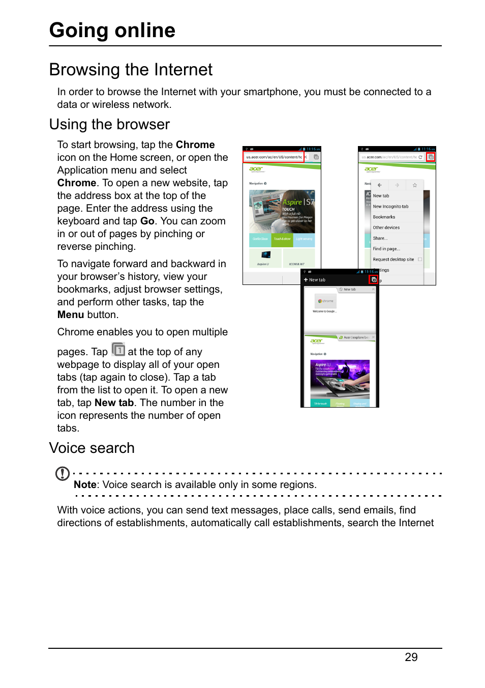 Going online, Browsing the internet, Using the browser | Voice search | Acer V370 User Manual | Page 29 / 64