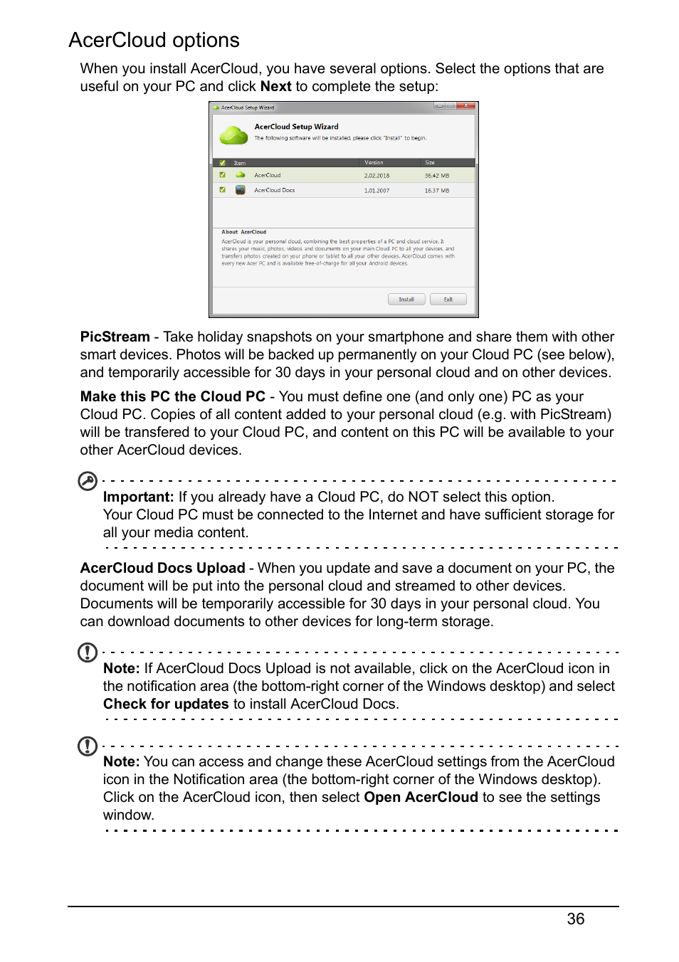 Acercloud options | Acer V370 User Manual | Page 36 / 64