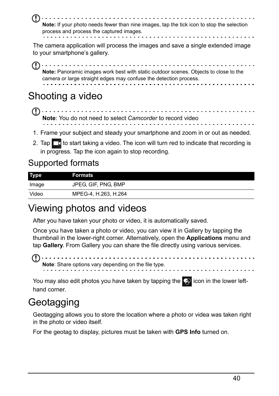 Shooting a video, Supported formats, Viewing photos and videos | Geotagging | Acer V370 User Manual | Page 40 / 64