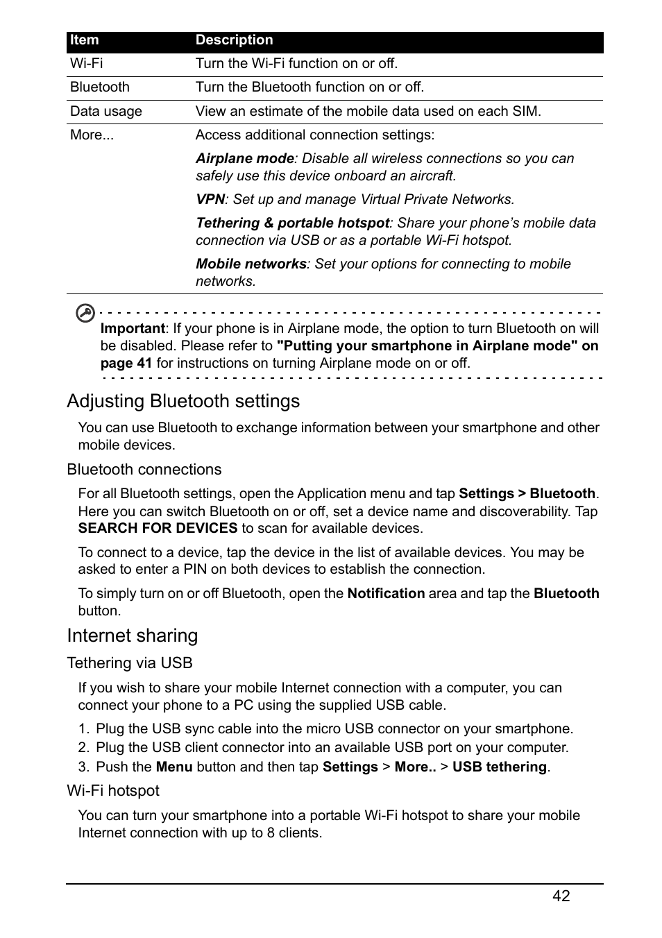 Adjusting bluetooth settings, Internet sharing | Acer V370 User Manual | Page 42 / 64