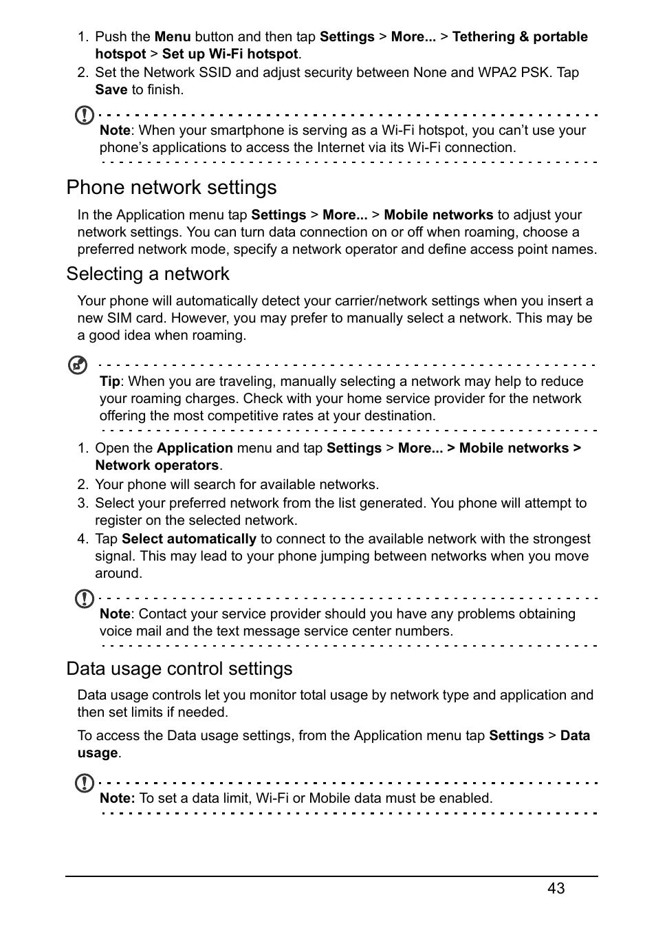 Phone network settings, Selecting a network, Data usage control settings | Acer V370 User Manual | Page 43 / 64