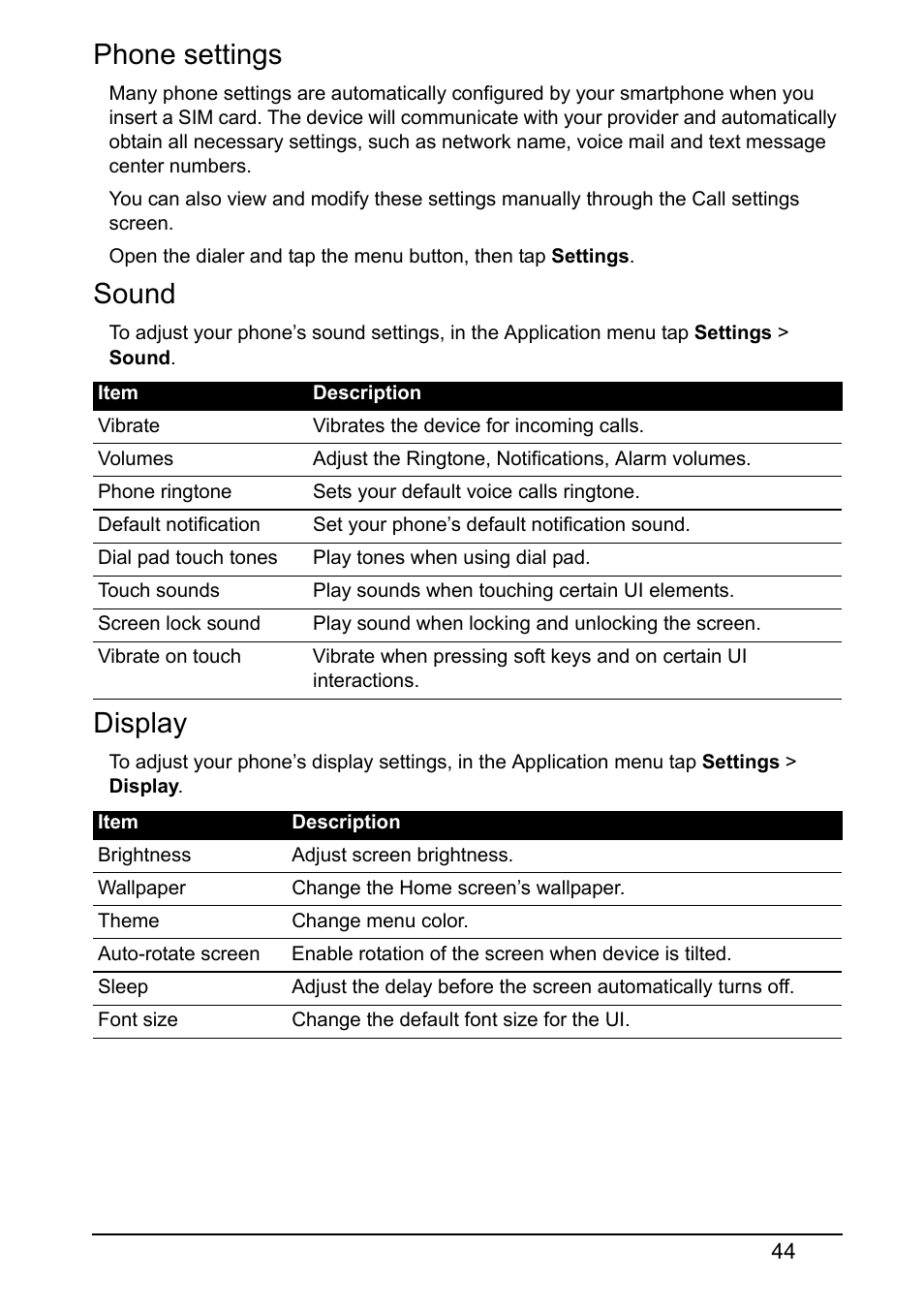 Phone settings, Sound, Display | Acer V370 User Manual | Page 44 / 64