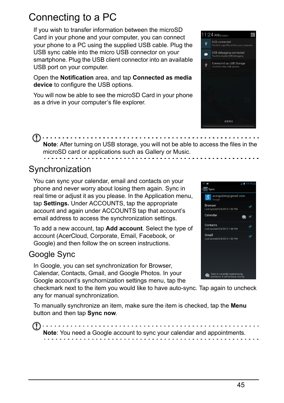 Connecting to a pc, Synchronization, Google sync | Acer V370 User Manual | Page 45 / 64