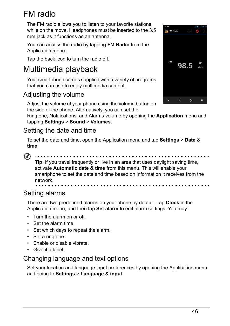 Fm radio, Multimedia playback, Fm radio multimedia playback | Acer V370 User Manual | Page 46 / 64