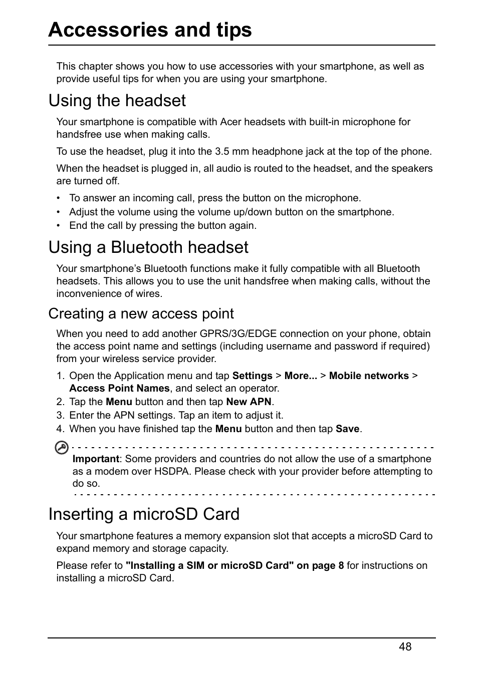 Accessories and tips, Using the headset, Using a bluetooth headset | Creating a new access point, Inserting a microsd card | Acer V370 User Manual | Page 48 / 64