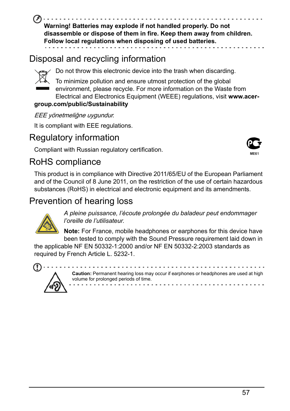 Disposal and recycling information, Regulatory information, Rohs compliance | Prevention of hearing loss | Acer V370 User Manual | Page 57 / 64