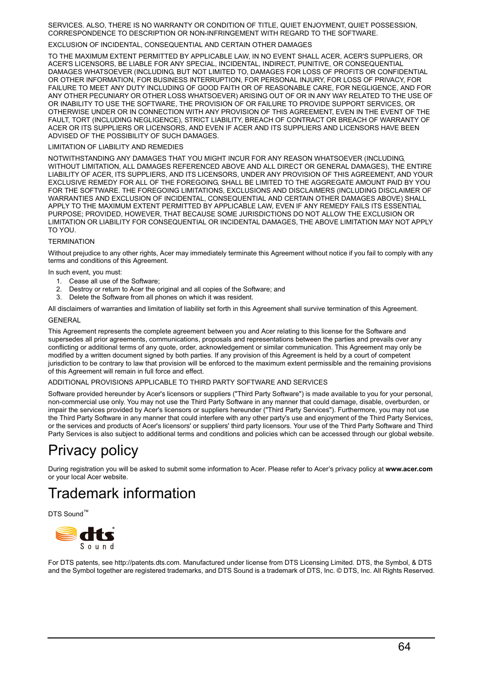 Privacy policy, Trademark information | Acer V370 User Manual | Page 64 / 64