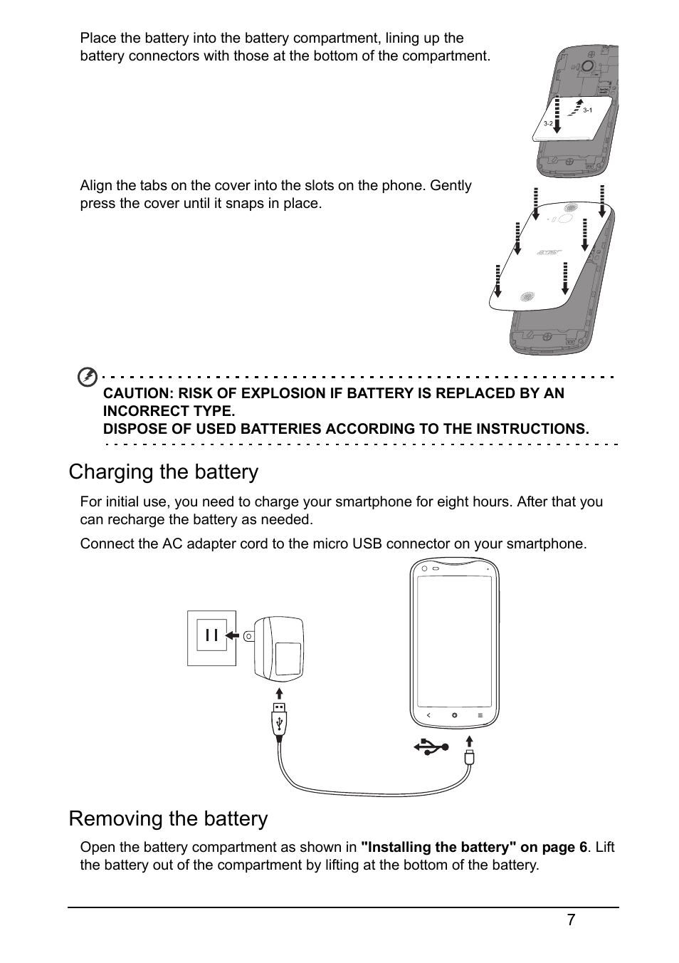 Charging the battery, Removing the battery | Acer V370 User Manual | Page 7 / 64