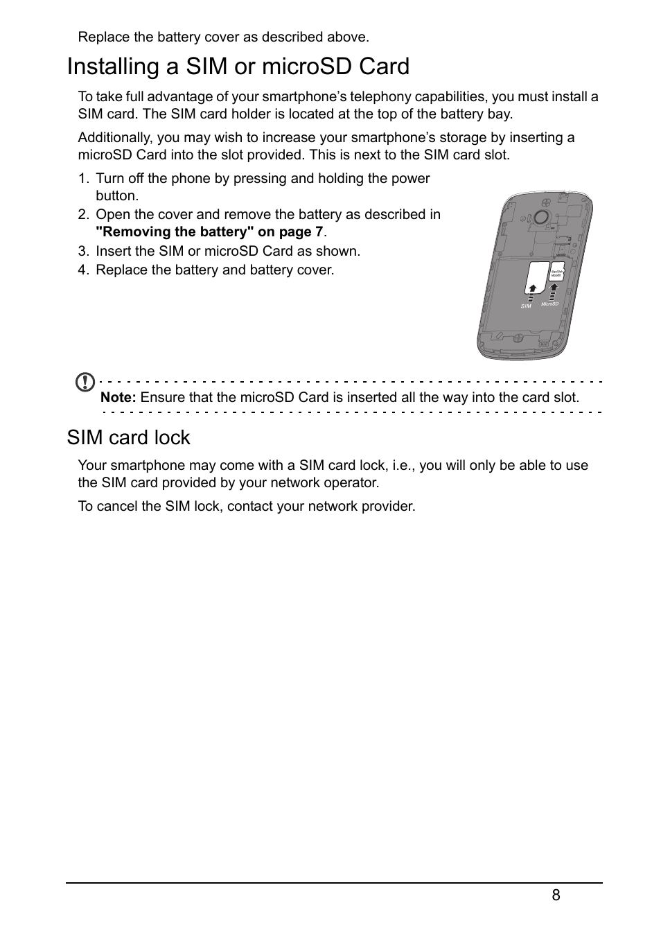 Installing a sim or microsd card, Sim card lock | Acer V370 User Manual | Page 8 / 64