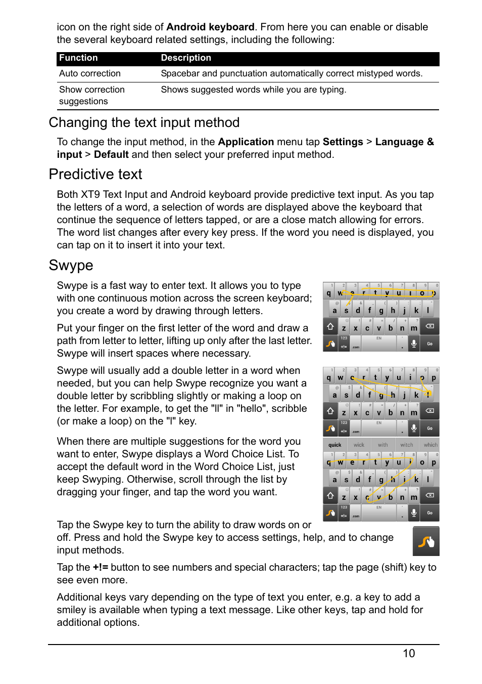 Predictive text, Swype, Changing the text input method | Acer I110 User Manual | Page 10 / 57