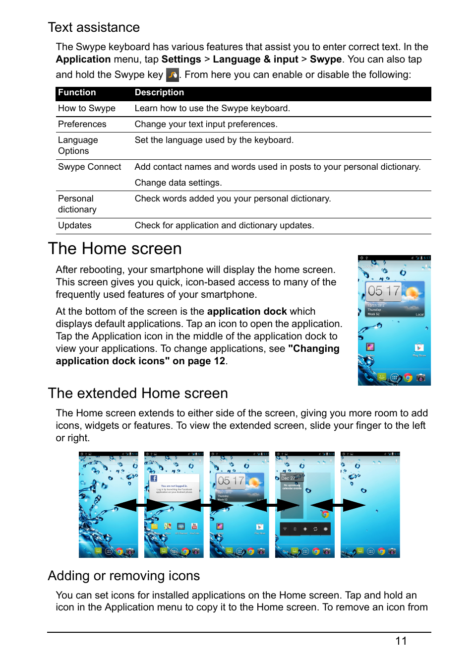 The home screen, The extended home screen, Text assistance | Adding or removing icons | Acer I110 User Manual | Page 11 / 57