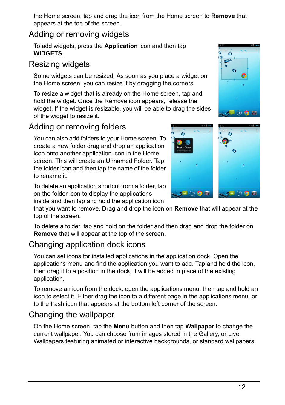 Adding or removing widgets, Resizing widgets, Adding or removing folders | Changing application dock icons, Changing the wallpaper | Acer I110 User Manual | Page 12 / 57