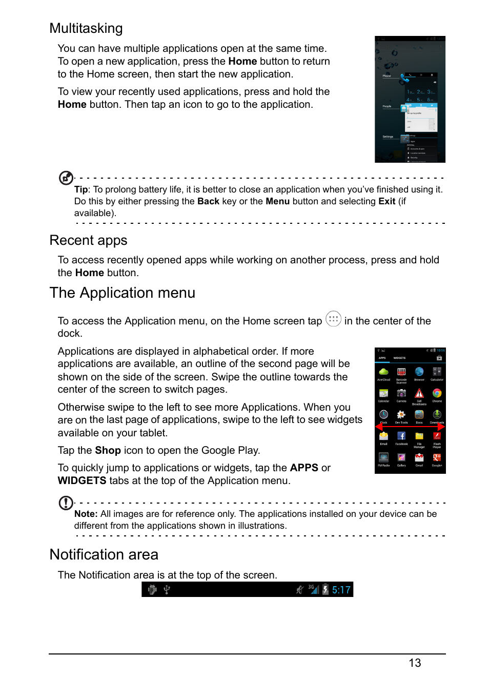 The application menu, Notification area, Multitasking | Recent apps | Acer I110 User Manual | Page 13 / 57