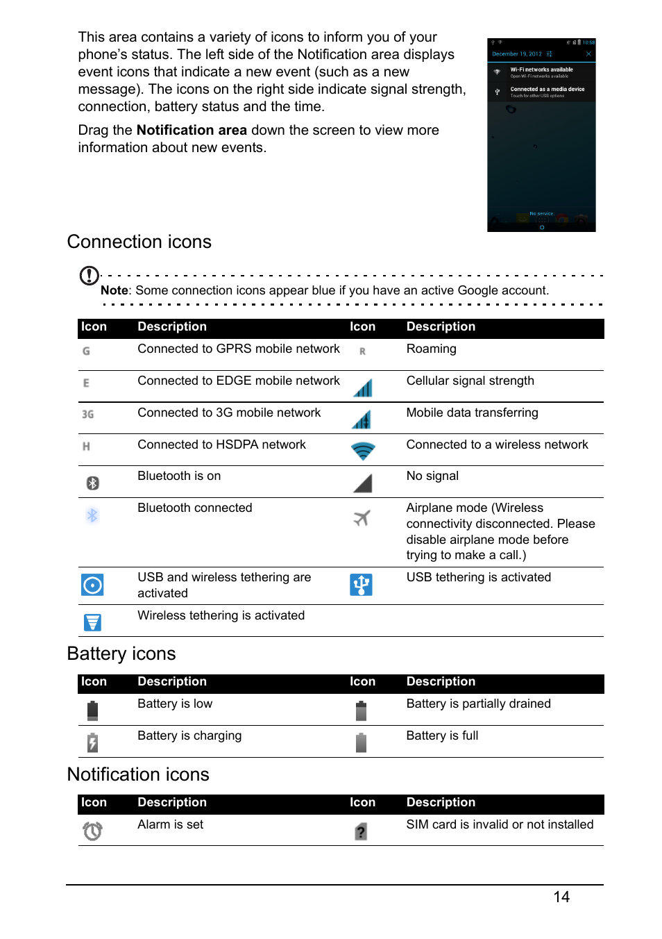 Connection icons, Battery icons notification icons | Acer I110 User Manual | Page 14 / 57