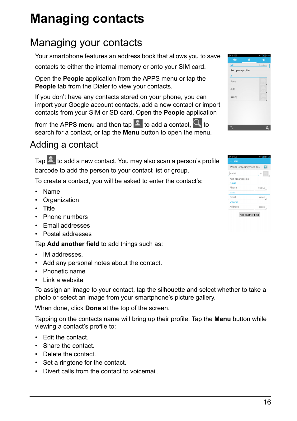 Managing contacts, Managing your contacts, Adding a contact | Acer I110 User Manual | Page 16 / 57