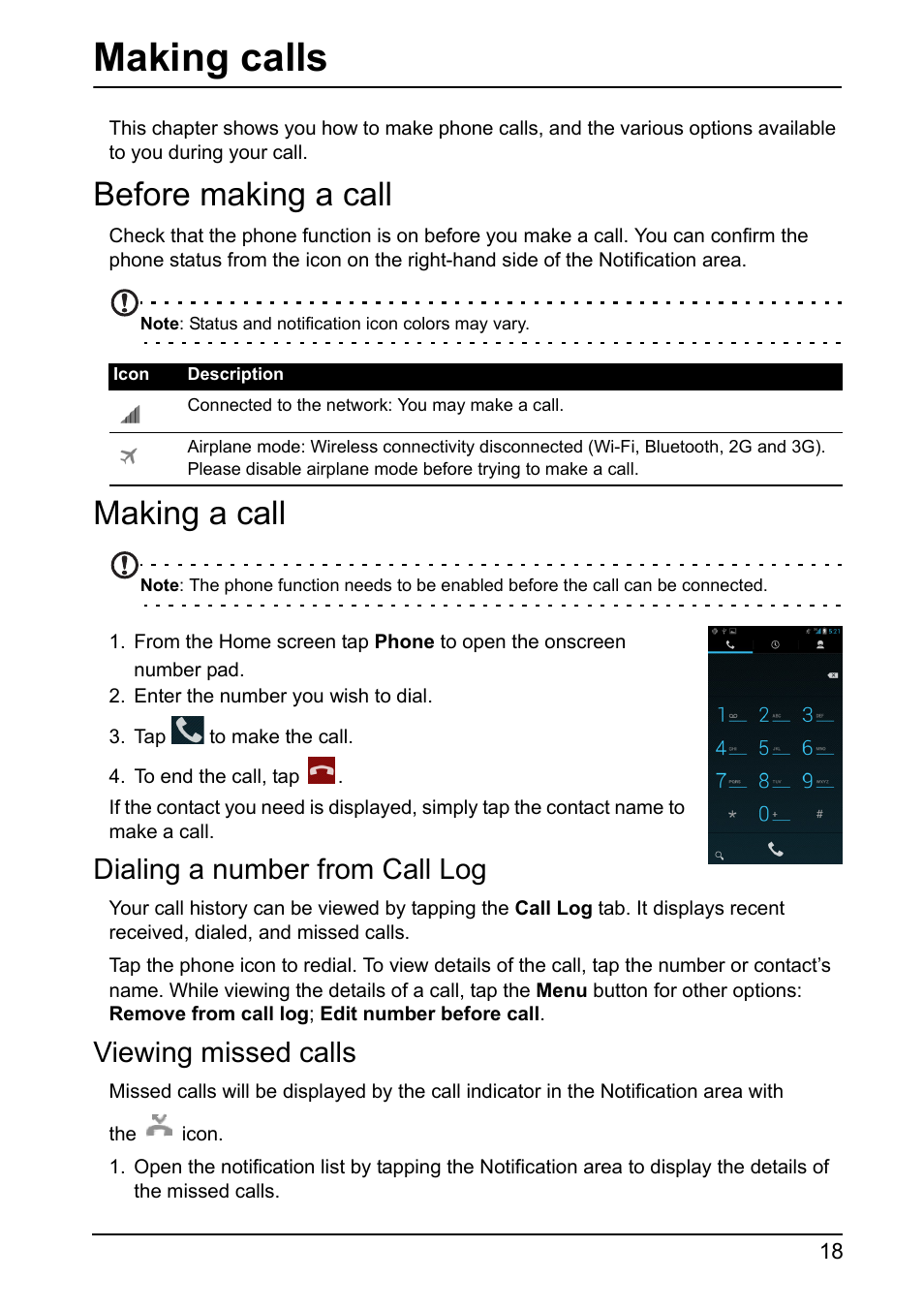 Making calls, Before making a call, Making a call | Dialing a number from call log, Viewing missed calls, Before making a call making a call | Acer I110 User Manual | Page 18 / 57