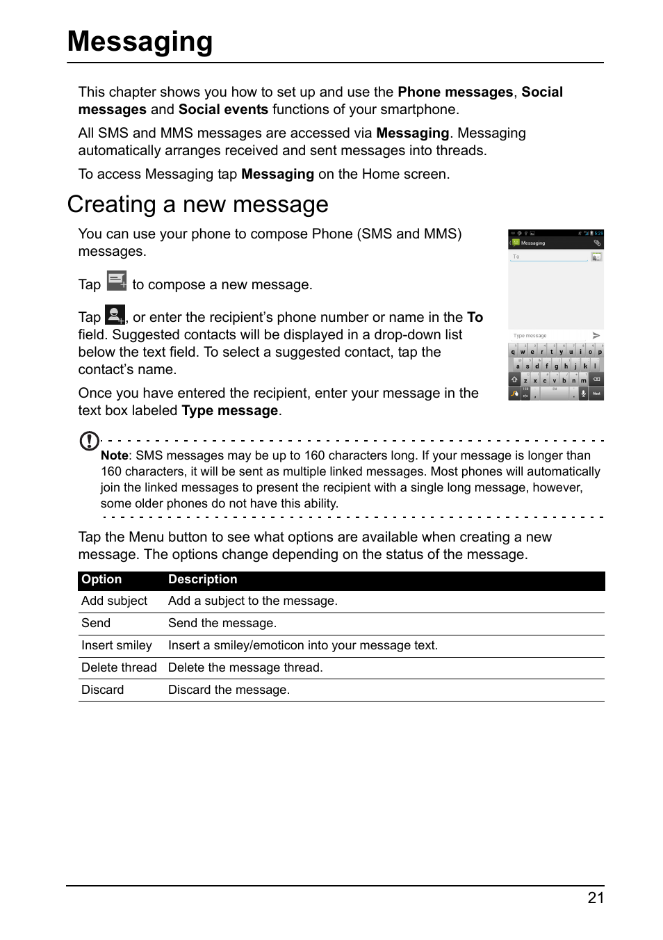 Messaging, Creating a new message | Acer I110 User Manual | Page 21 / 57