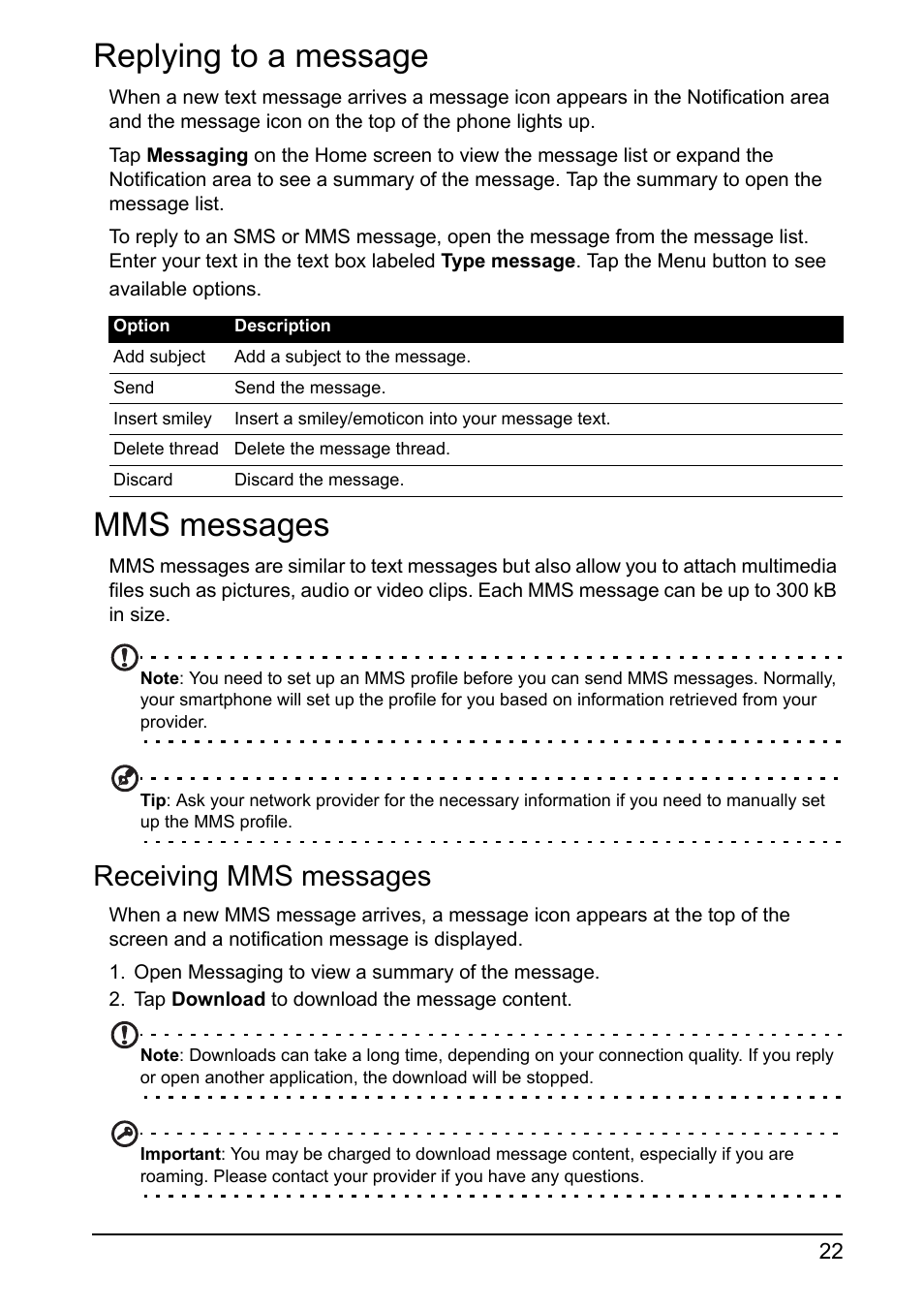 Replying to a message, Mms messages, Receiving mms messages | Acer I110 User Manual | Page 22 / 57