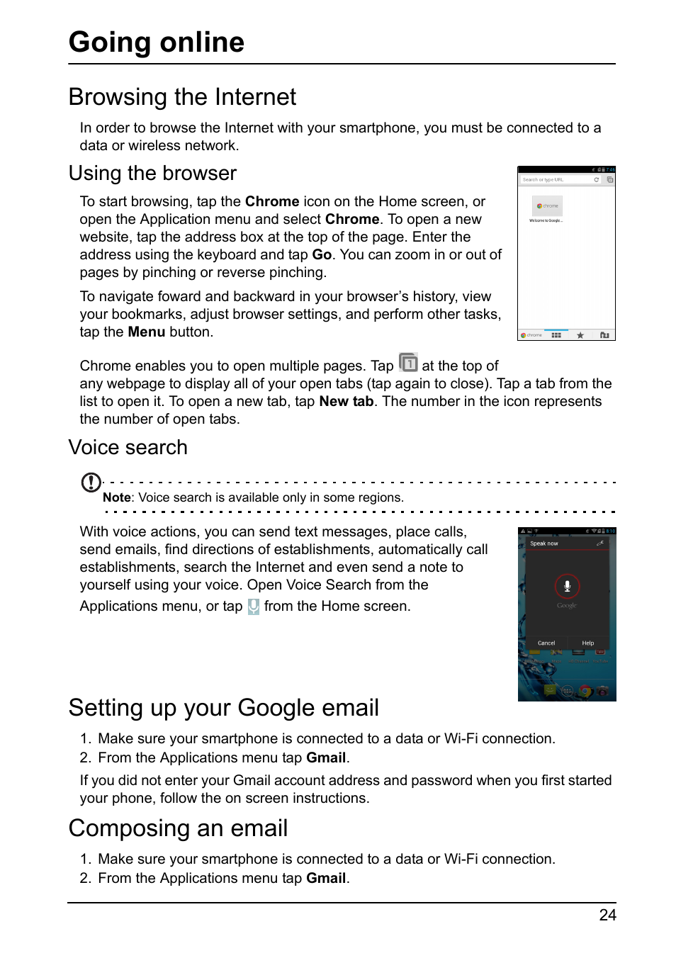 Going online, Browsing the internet, Using the browser | Voice search, Setting up your google email, Composing an email | Acer I110 User Manual | Page 24 / 57