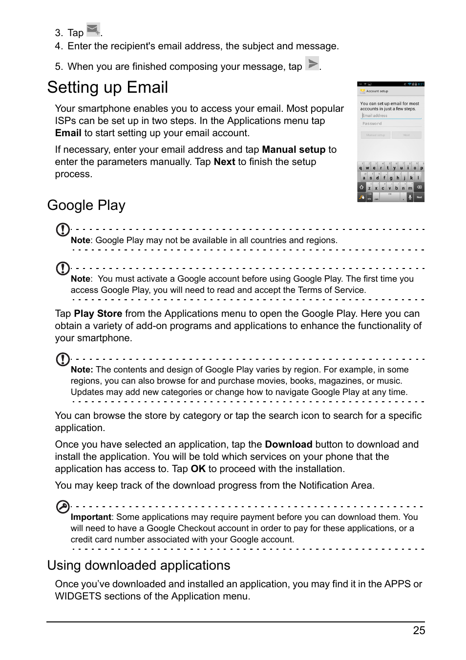 Setting up email, Google play, Using downloaded applications | Acer I110 User Manual | Page 25 / 57