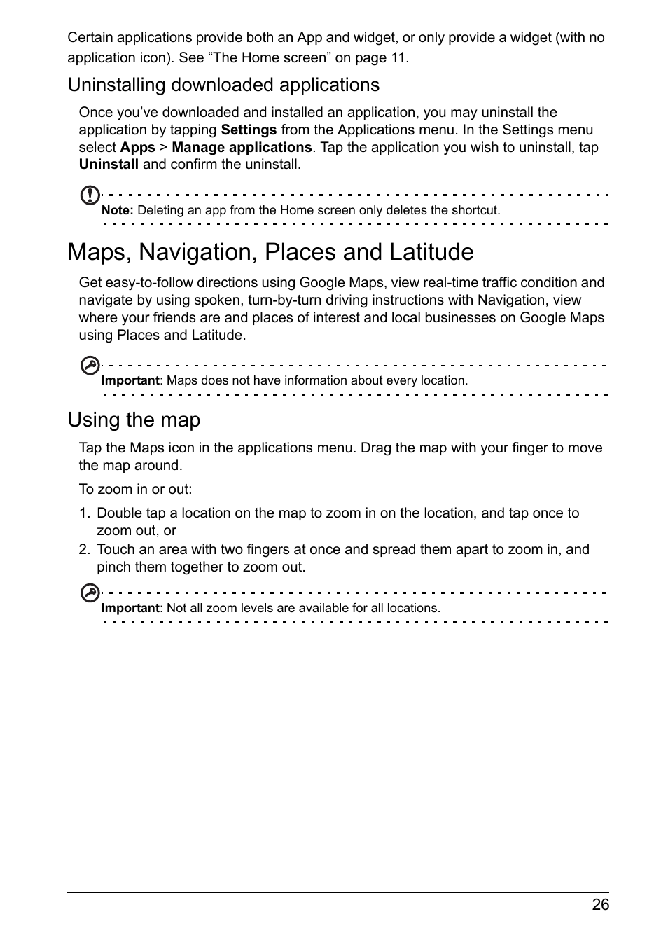 Maps, navigation, places and latitude, Using the map, Uninstalling downloaded applications | Acer I110 User Manual | Page 26 / 57