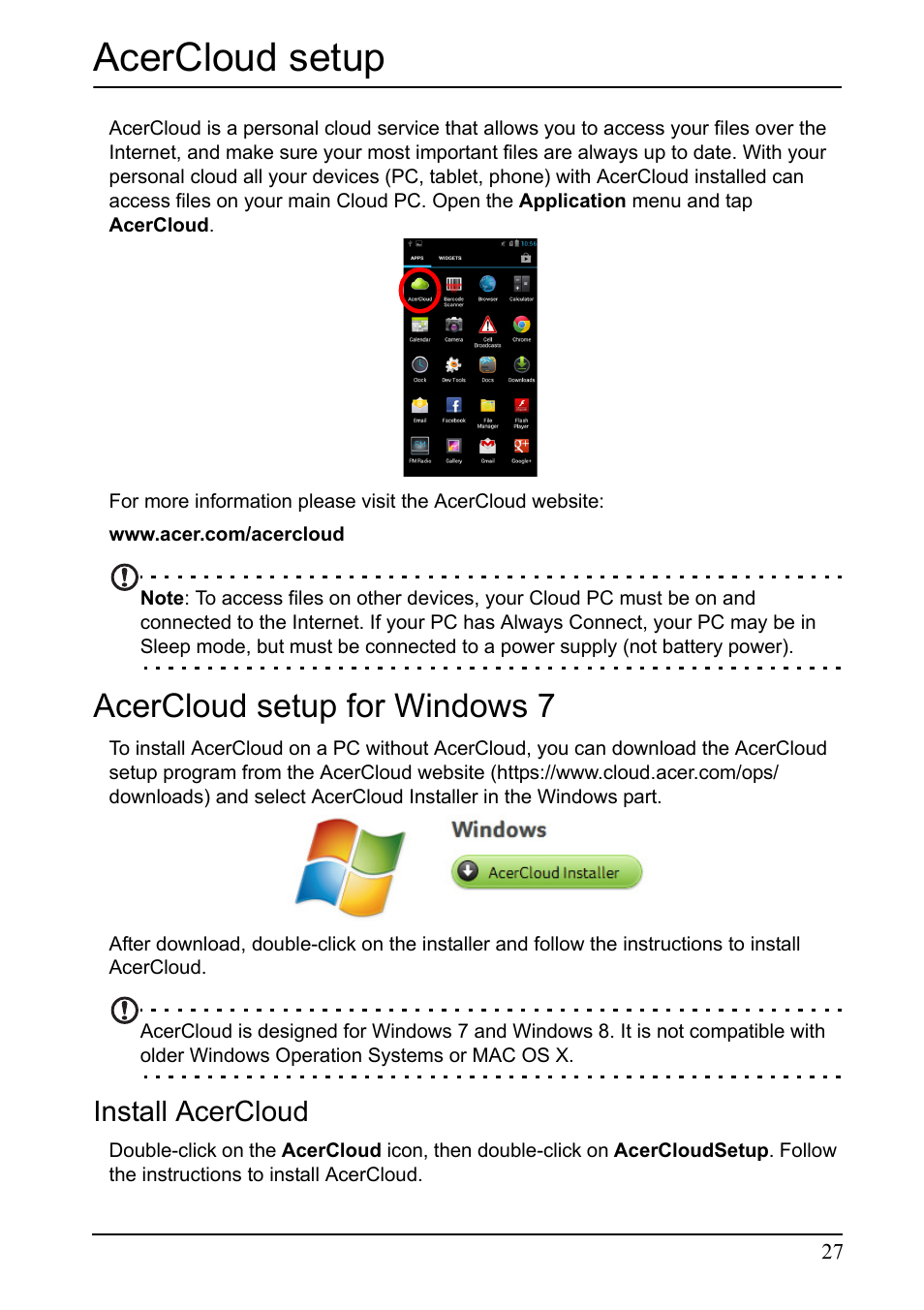 Acercloud setup, Acercloud setup for windows 7, Install acercloud | Acer I110 User Manual | Page 27 / 57