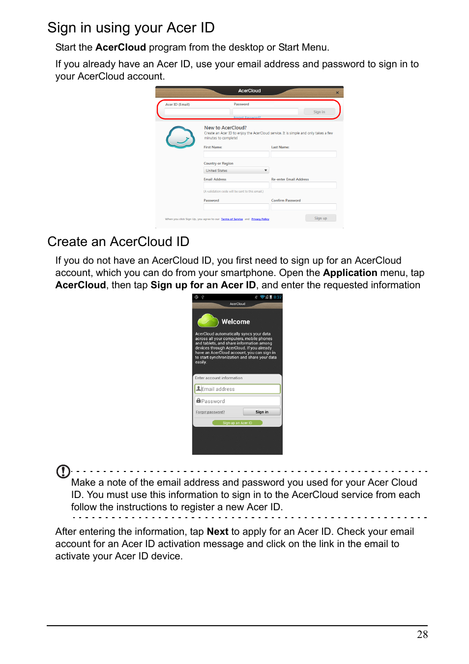 Sign in using your acer id, Create an acercloud id | Acer I110 User Manual | Page 28 / 57