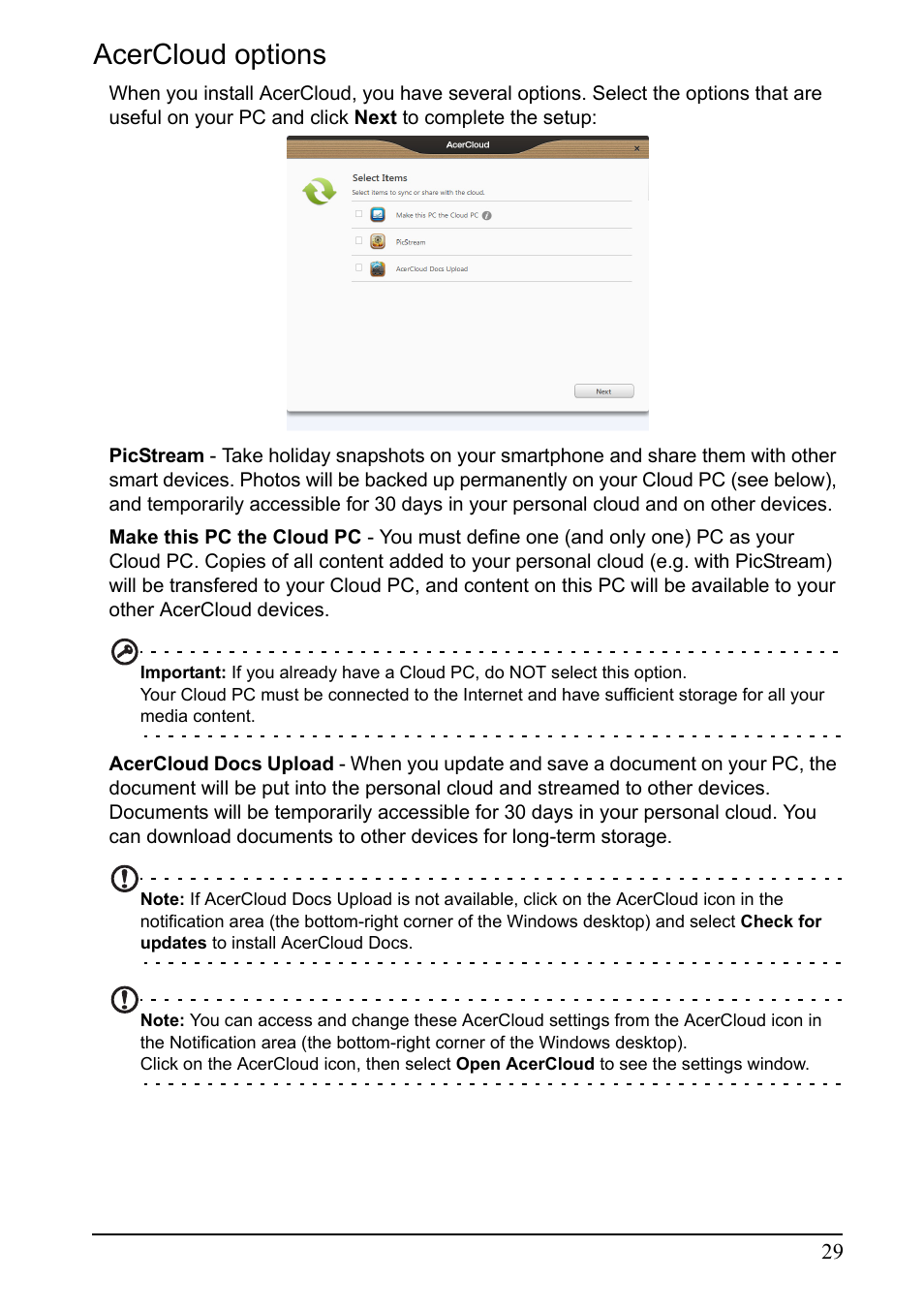 Acercloud options | Acer I110 User Manual | Page 29 / 57