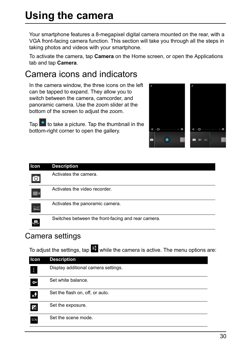 Using the camera, Camera icons and indicators, Camera settings | Acer I110 User Manual | Page 30 / 57