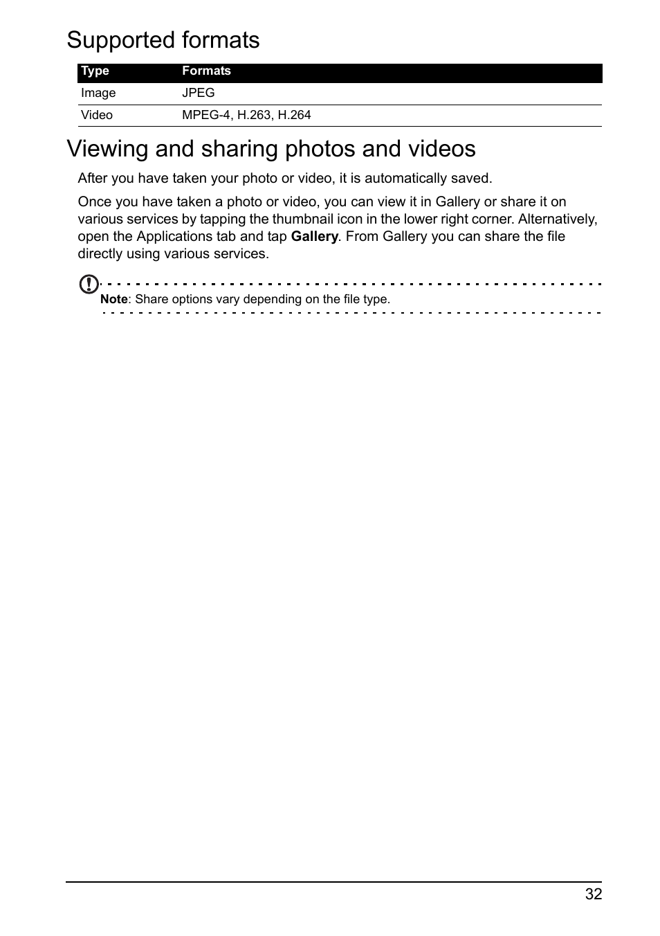 Supported formats, Viewing and sharing photos and videos | Acer I110 User Manual | Page 32 / 57