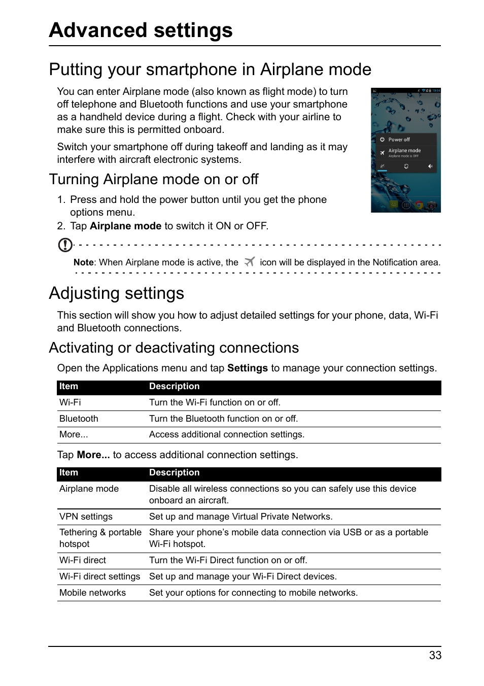 Advanced settings, Putting your smartphone in airplane mode, Turning airplane mode on or off | Adjusting settings, Activating or deactivating connections | Acer I110 User Manual | Page 33 / 57