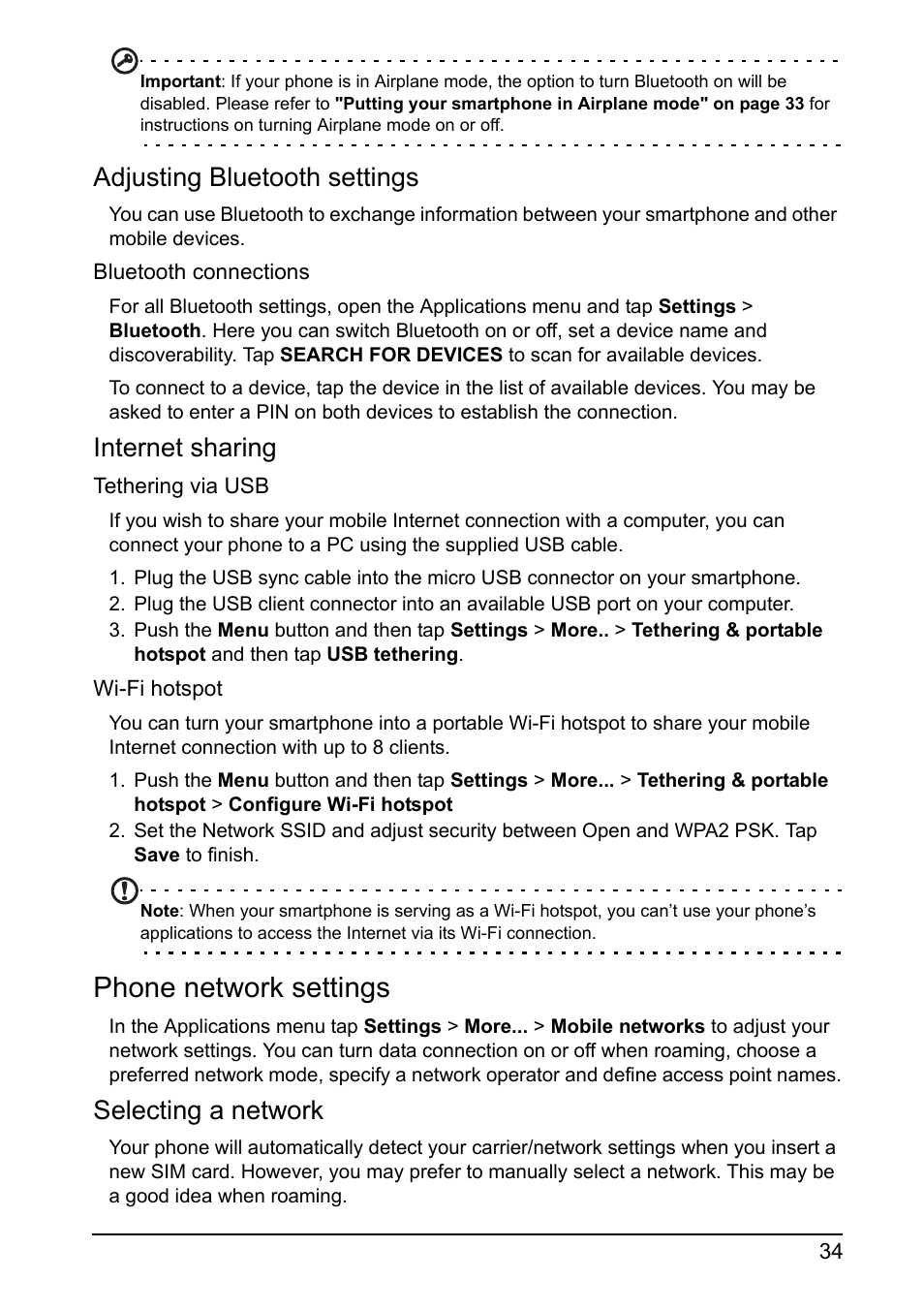 Phone network settings, Adjusting bluetooth settings, Internet sharing | Selecting a network | Acer I110 User Manual | Page 34 / 57