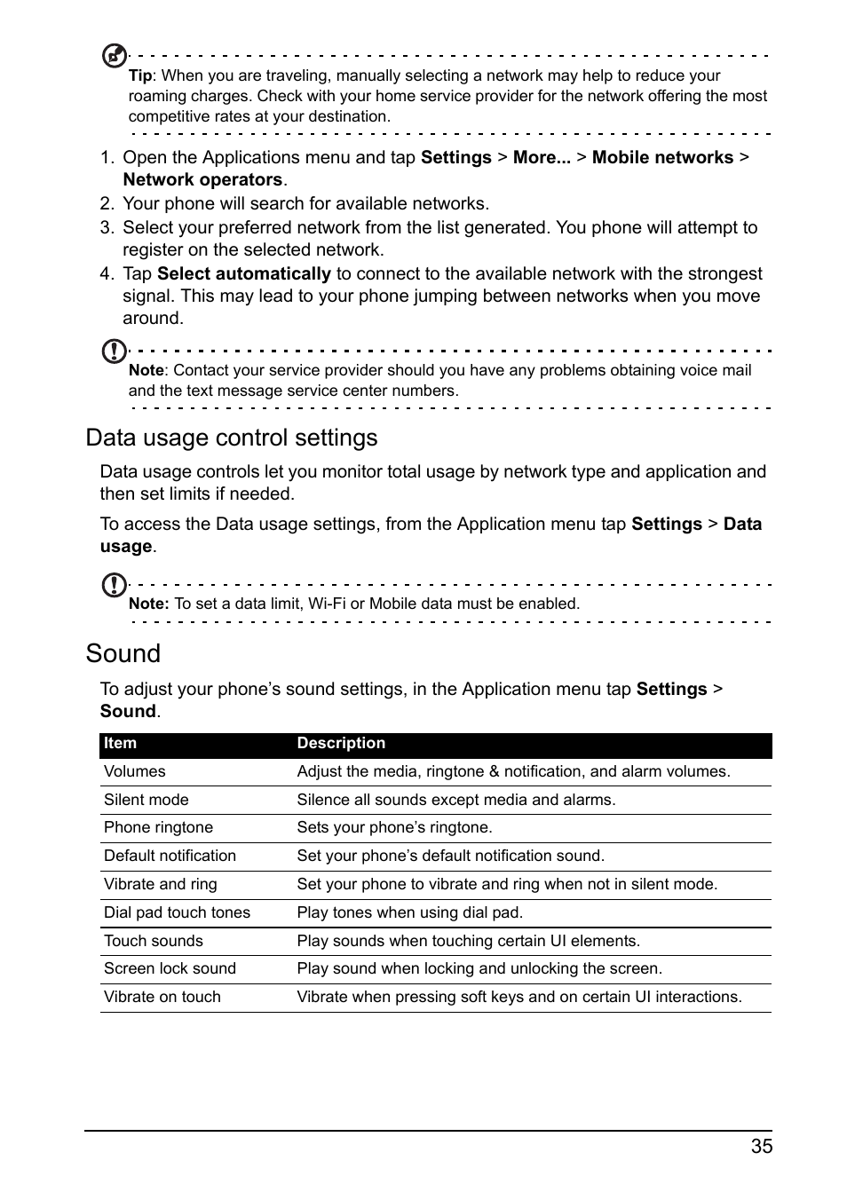 Sound, Data usage control settings | Acer I110 User Manual | Page 35 / 57