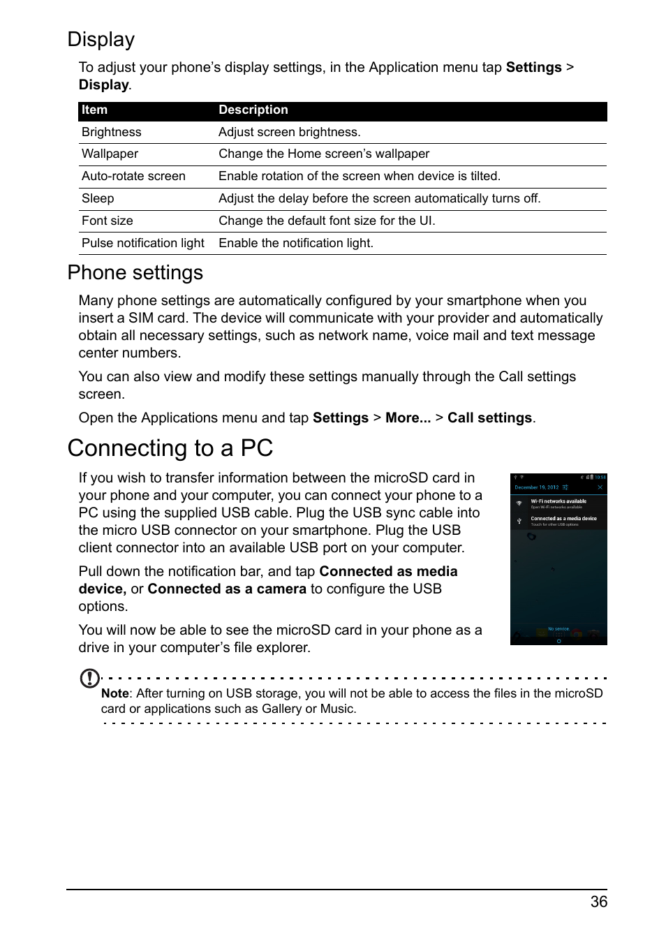 Display, Phone settings, Connecting to a pc | Acer I110 User Manual | Page 36 / 57