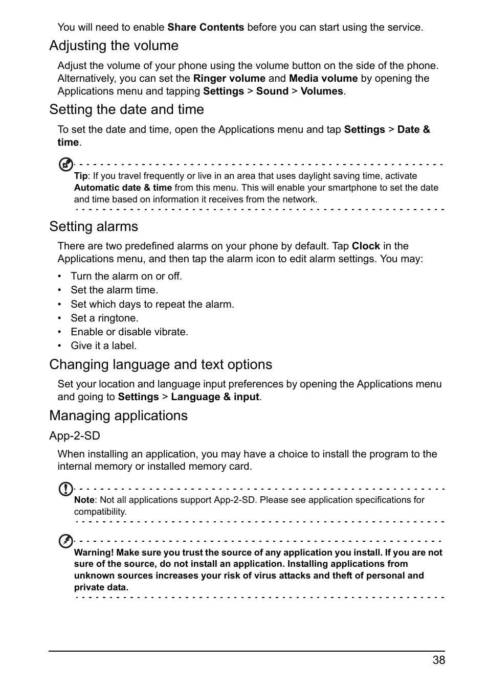 Adjusting the volume, Setting the date and time, Setting alarms | Changing language and text options, Managing applications | Acer I110 User Manual | Page 38 / 57