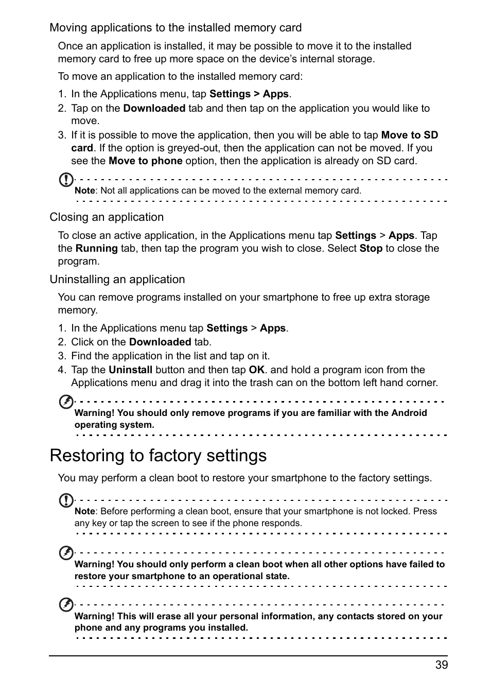 Restoring to factory settings | Acer I110 User Manual | Page 39 / 57