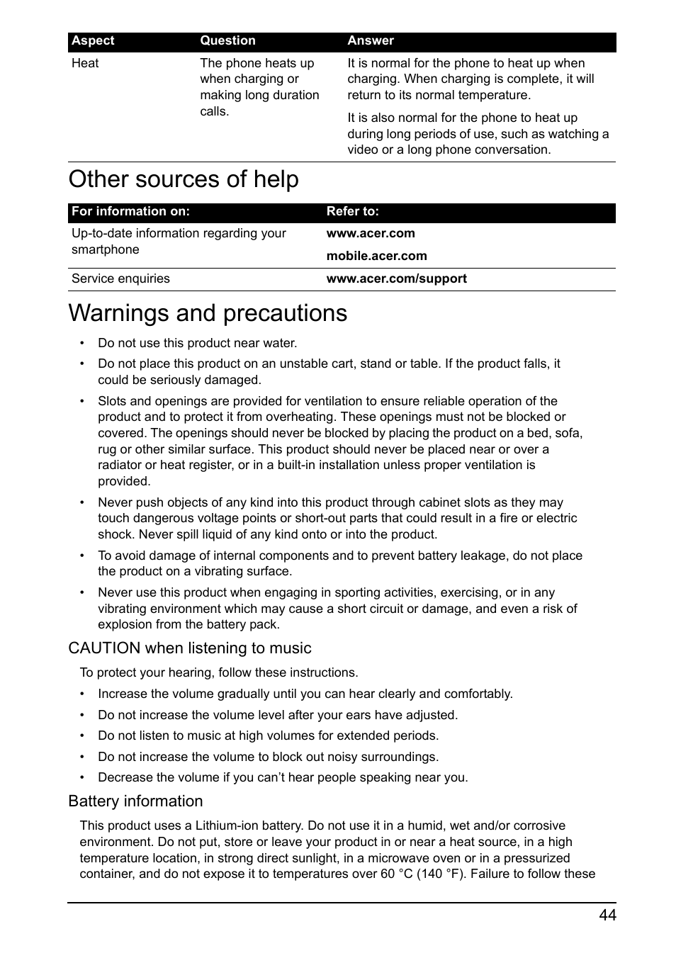 Other sources of help, Warnings and precautions, Other sources of help warnings and precautions | Acer I110 User Manual | Page 44 / 57