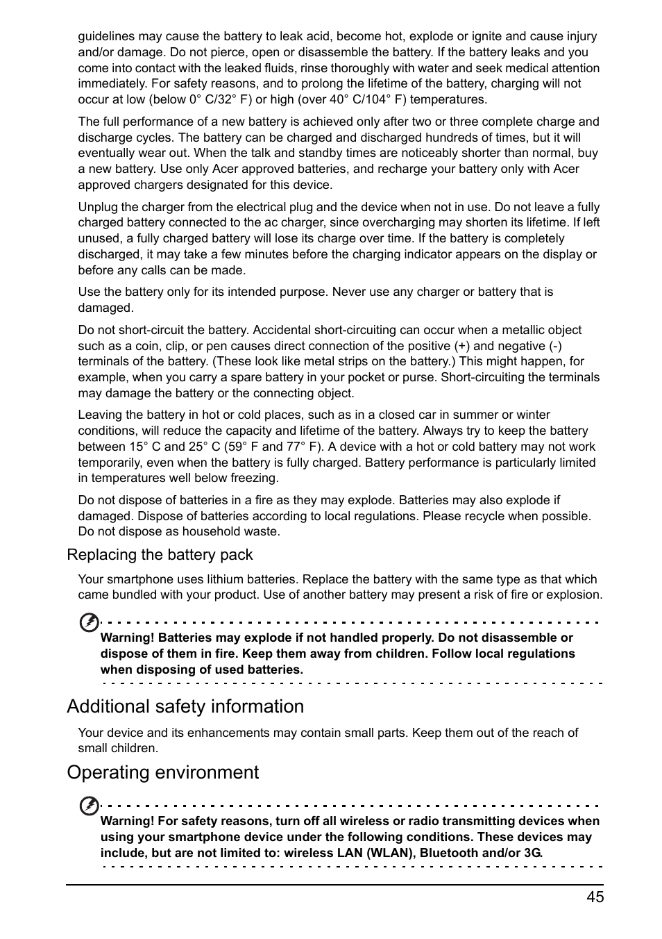 Additional safety information, Operating environment | Acer I110 User Manual | Page 45 / 57