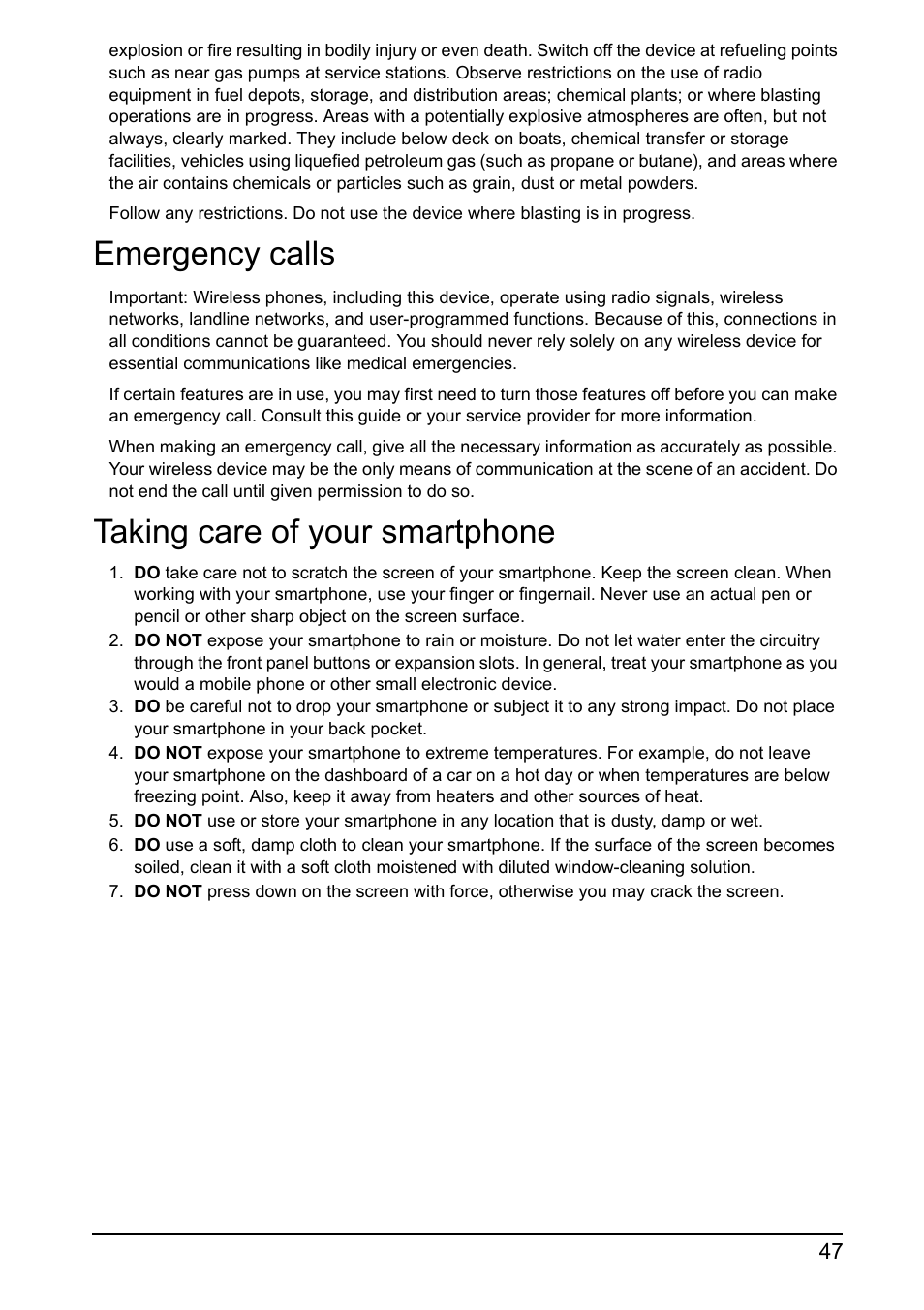 Emergency calls, Taking care of your smartphone, Emergency calls taking care of your smartphone | Acer I110 User Manual | Page 47 / 57