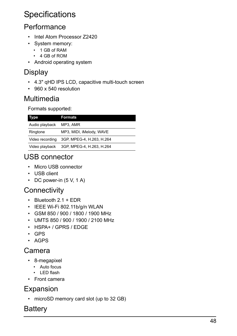 Specifications, Performance, Display | Multimedia, Usb connector, Connectivity, Camera, Expansion, Battery | Acer I110 User Manual | Page 48 / 57