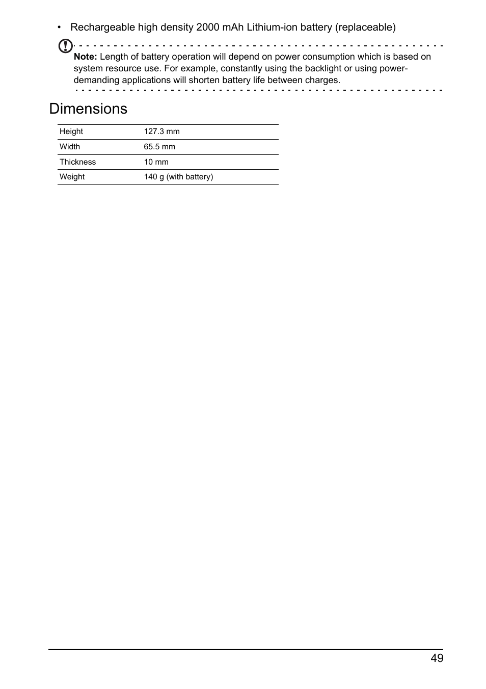 Dimensions | Acer I110 User Manual | Page 49 / 57