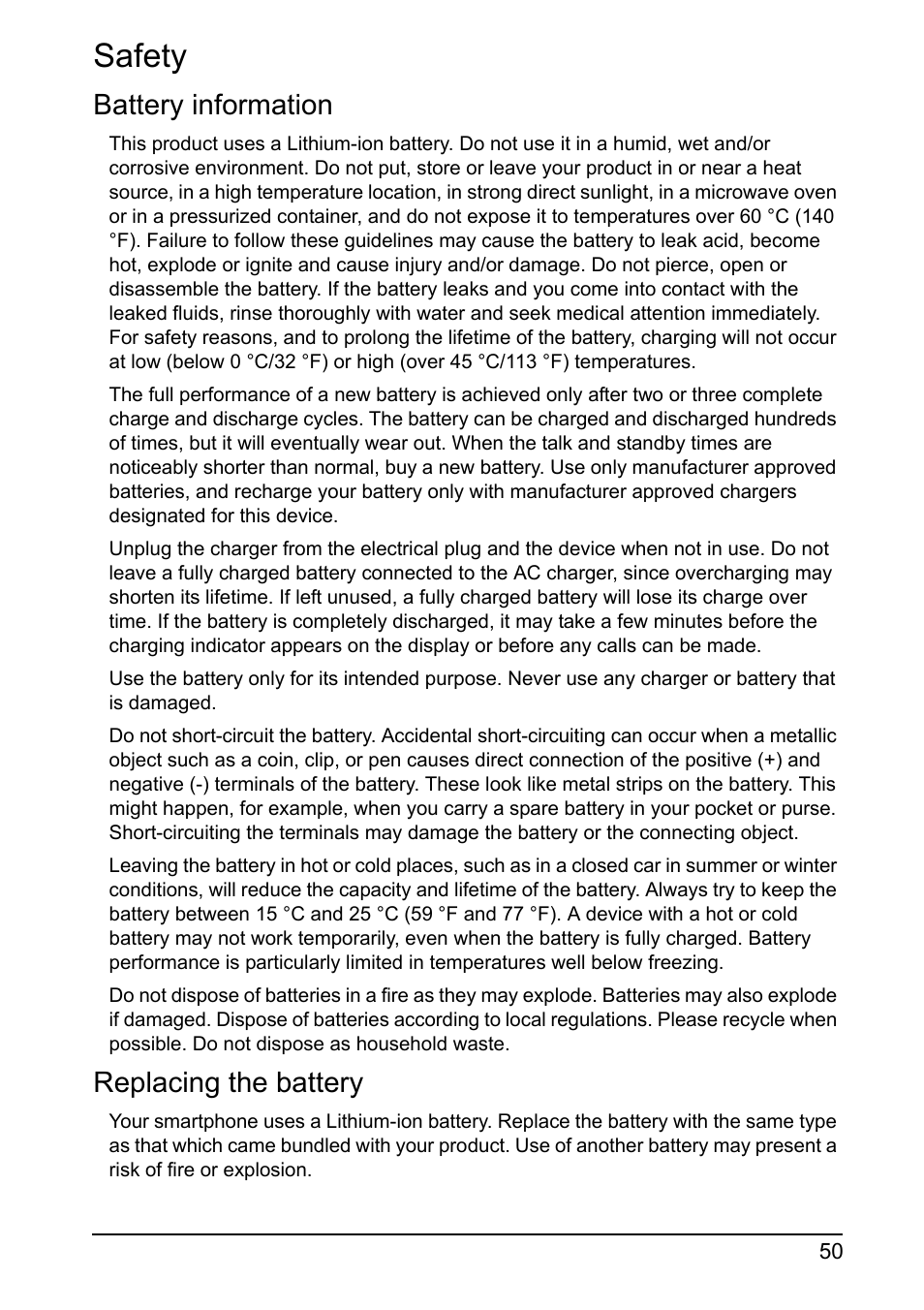 Safety, Battery information, Replacing the battery | Acer I110 User Manual | Page 50 / 57