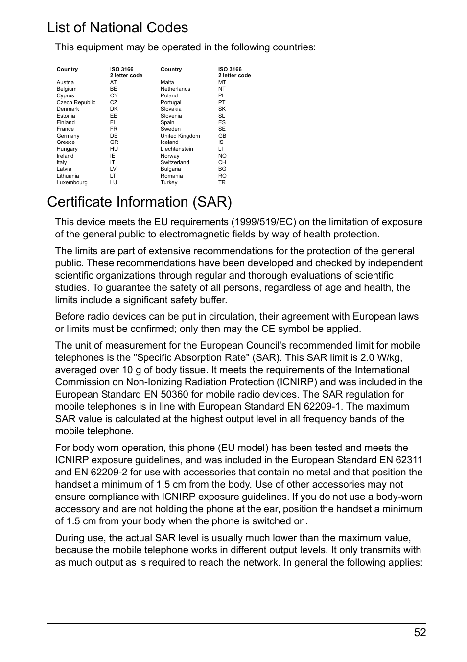 List of national codes, Certificate information (sar) | Acer I110 User Manual | Page 52 / 57