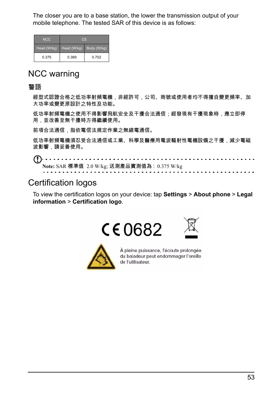 Ncc warning, Certification logos | Acer I110 User Manual | Page 53 / 57