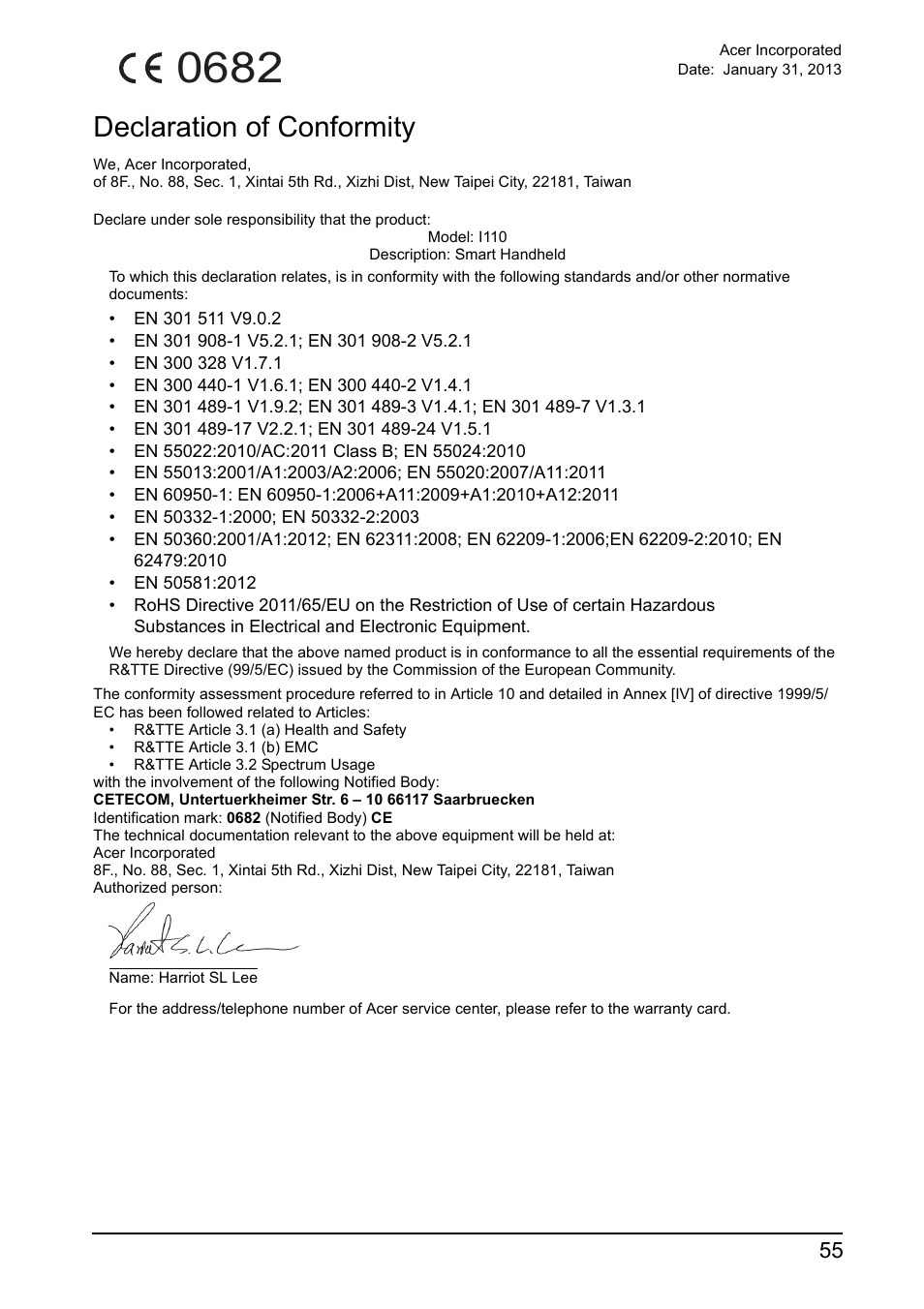 Declaration of conformity | Acer I110 User Manual | Page 55 / 57