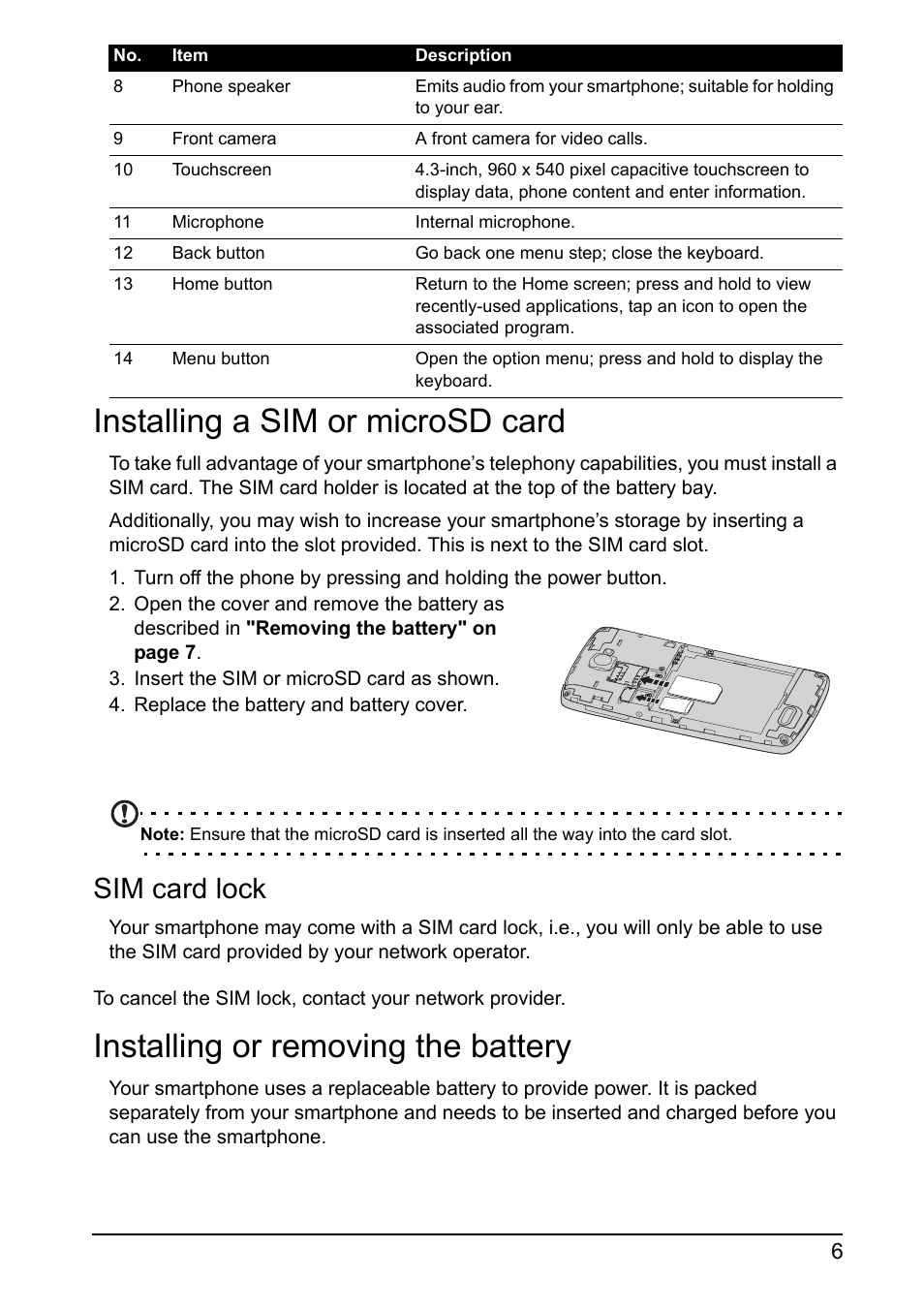 Installing a sim or microsd card, Sim card lock, Installing or removing the battery | Acer I110 User Manual | Page 6 / 57